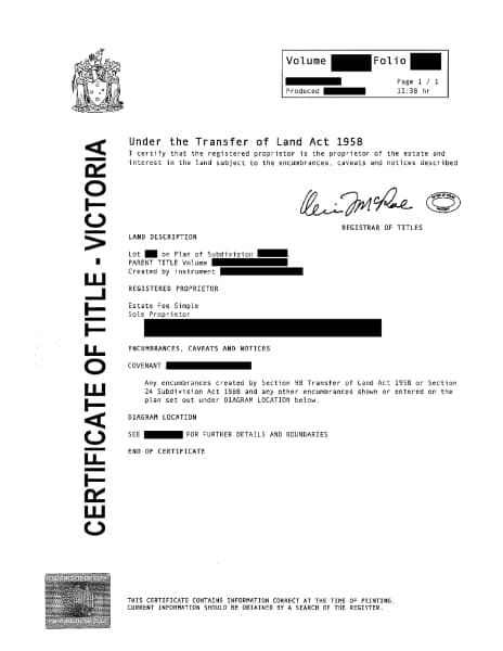 Example of Certificate of Title Victoria
